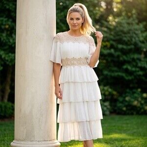 Just me Dress Womens Size S White Tiered tea length Fit & Flare Lace Trim